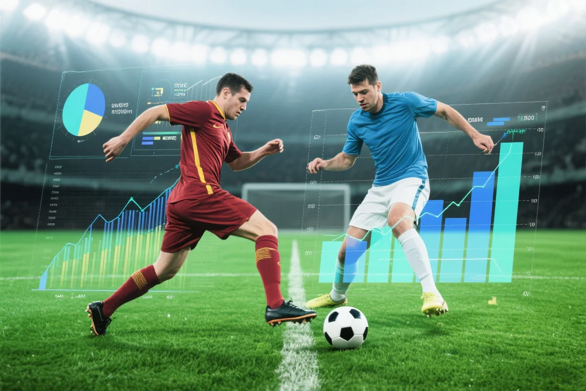 足球比赛中球员争夺控球权，叠加数据分析图表